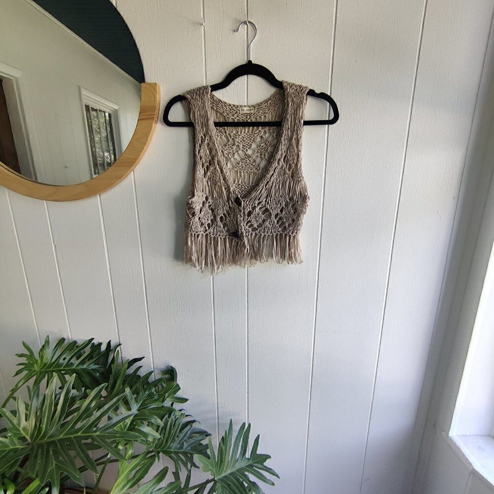 Crochet Vest by Blu Pepper.  4" fringe , cream color, 2 buttons, lightweight. S - Picture 3 of 5